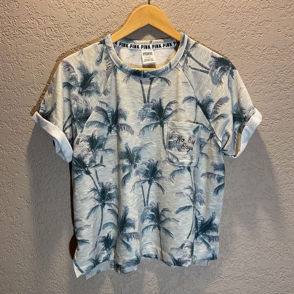 Victoria's Secret PINK Terry T Shirt Palm Tree No Bad Rays Womens Size M